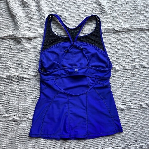Zella athletic tank top with racerback and mesh straps. Purple with black mesh. - Picture 5 of 5